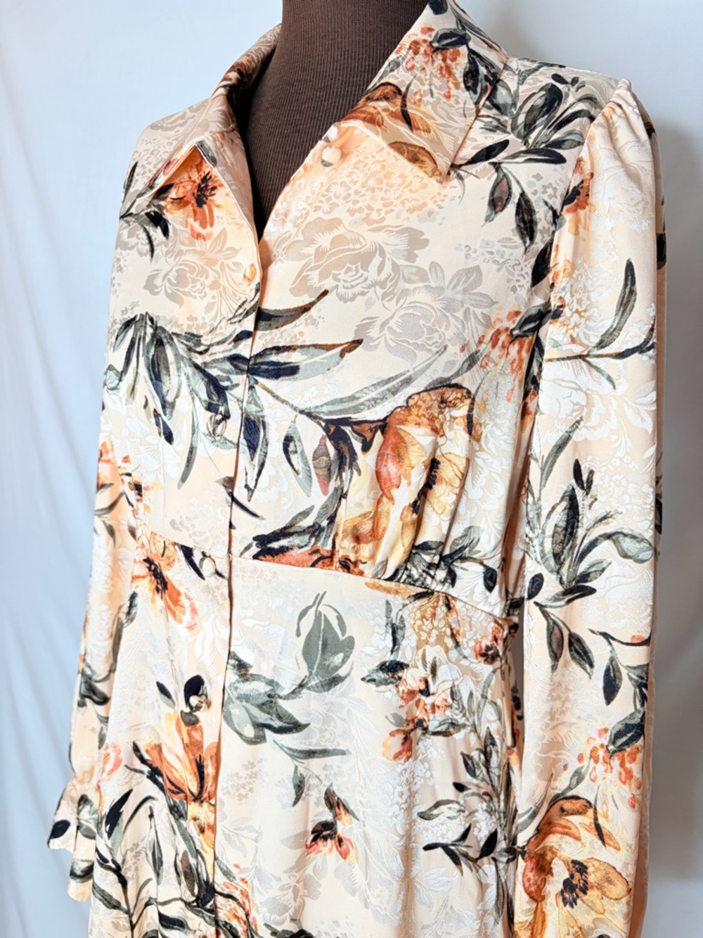 Calvin Klein Peach Floral Long Sleeve Midi Dress Size 8